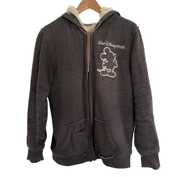 Disney Heavy Faux Fur Lined Gray Zip Up Hoodie Mickey Mouse L Cozy Trendy Chic - Picture 3 of 9
